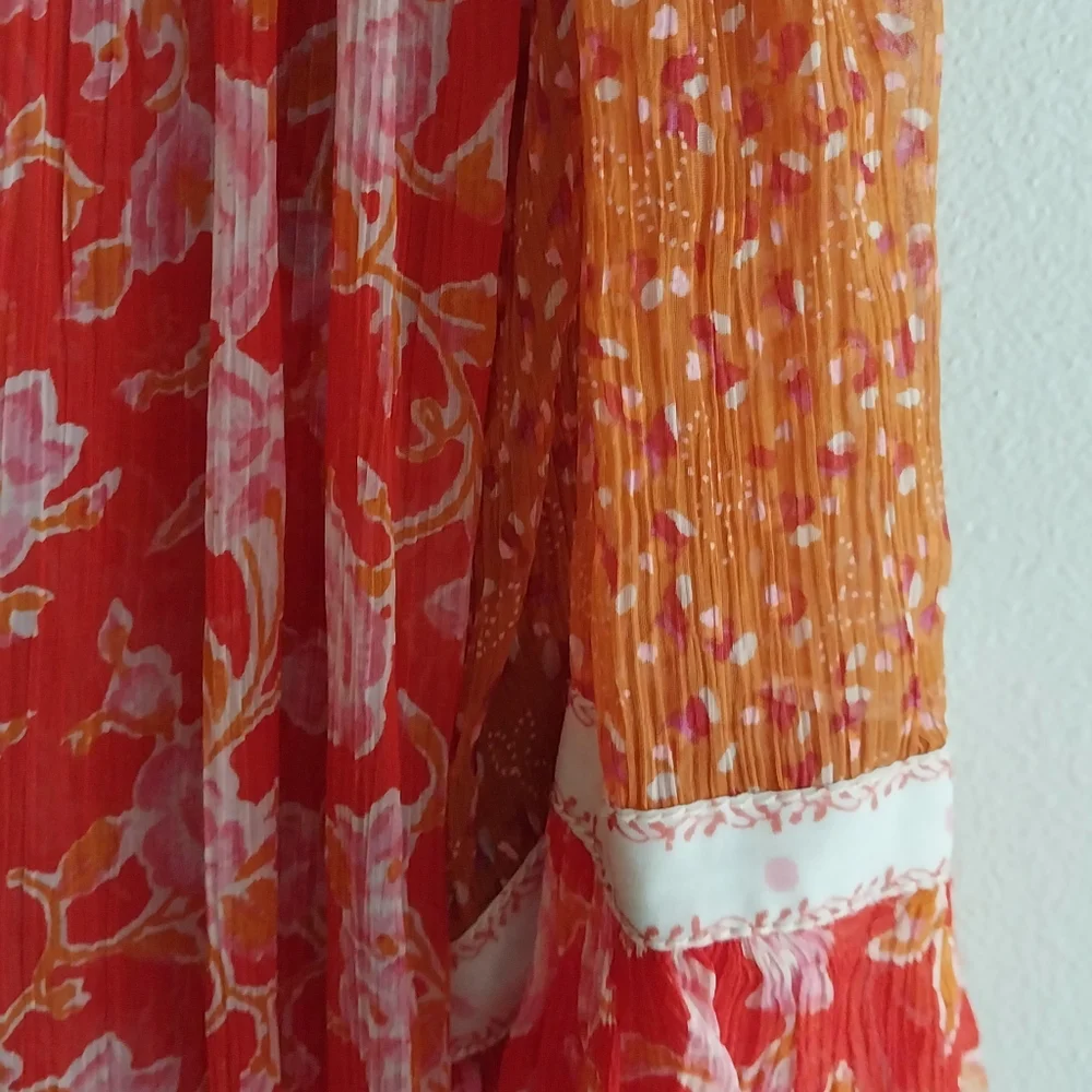 Free People Orange & Red Patchwork Floral Semi Sheer Boho Babydoll Tunic Dress